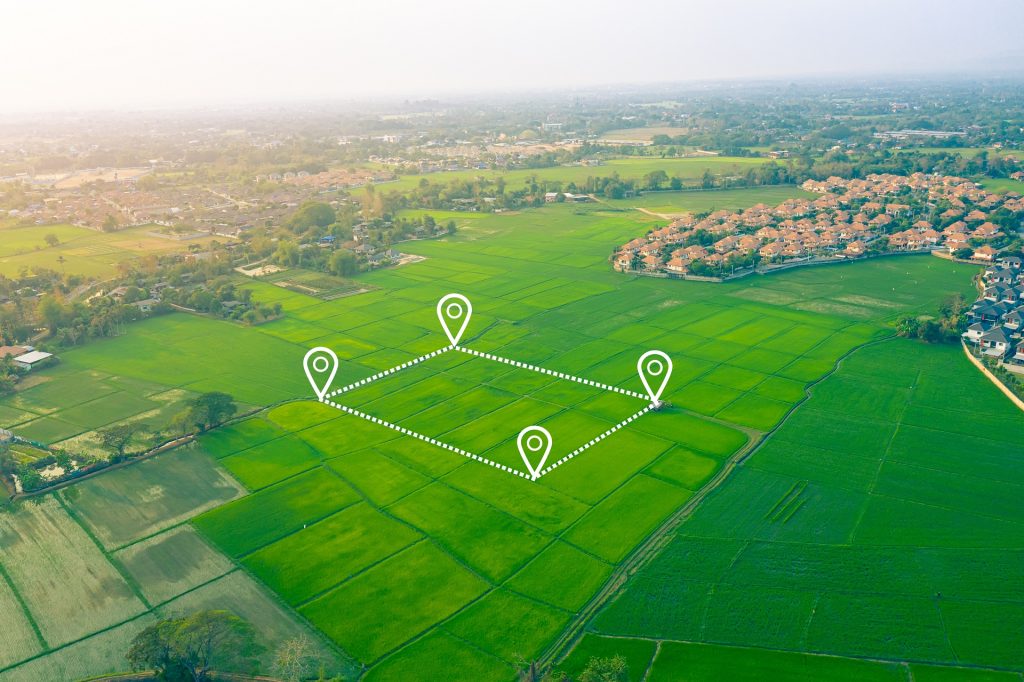 Land plot in aerial view. GPS, Registration Survey of Property,